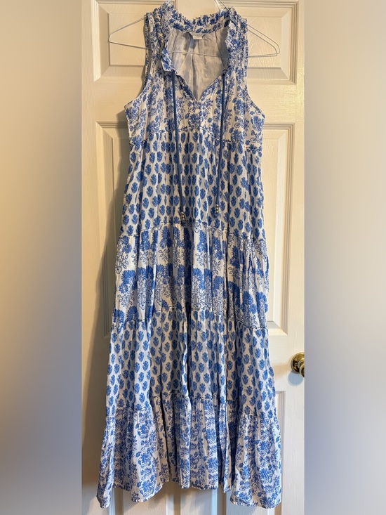 Calypso St. Barth Dresses & Skirts - Calypso St Barth Daria Tiered Maxi Dress XS Blue White Floral Block Print Boho